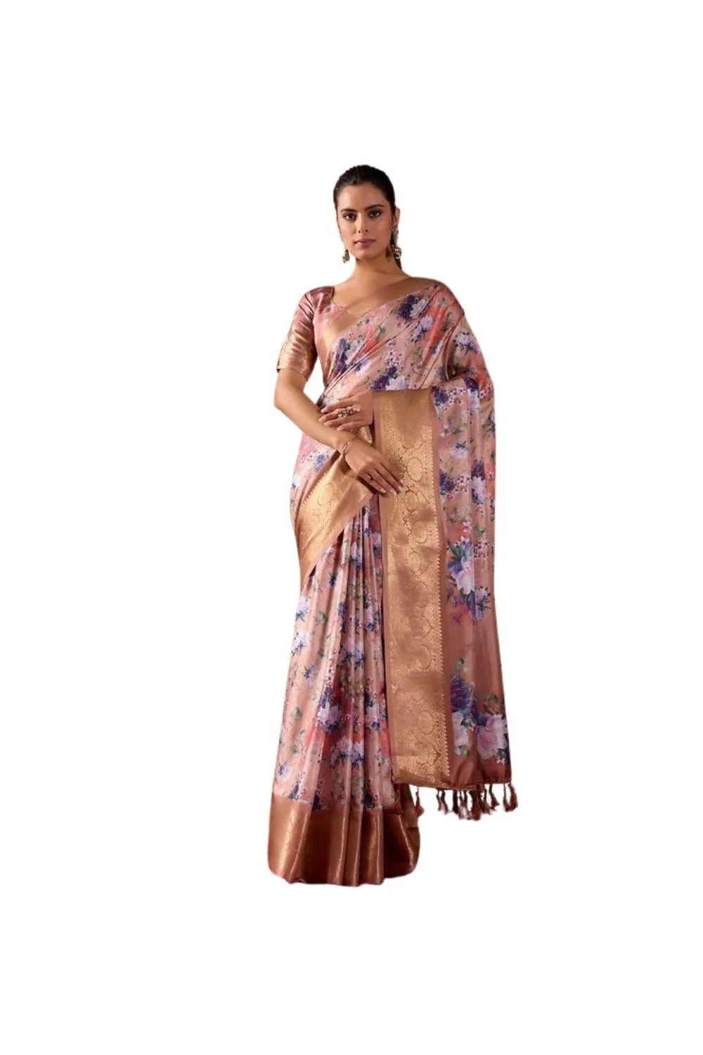 Generic Women's Faux_Silk Printed Saree With Unstitched Blouse 5.5Mtr (Peach)
