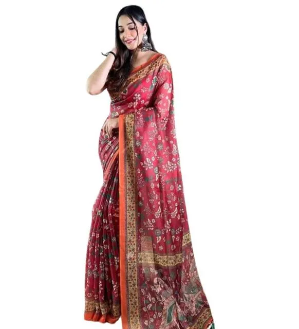 Generic Women's Linen Printed Saree With Unstitched Blouse 5.5Mtr (Red)
