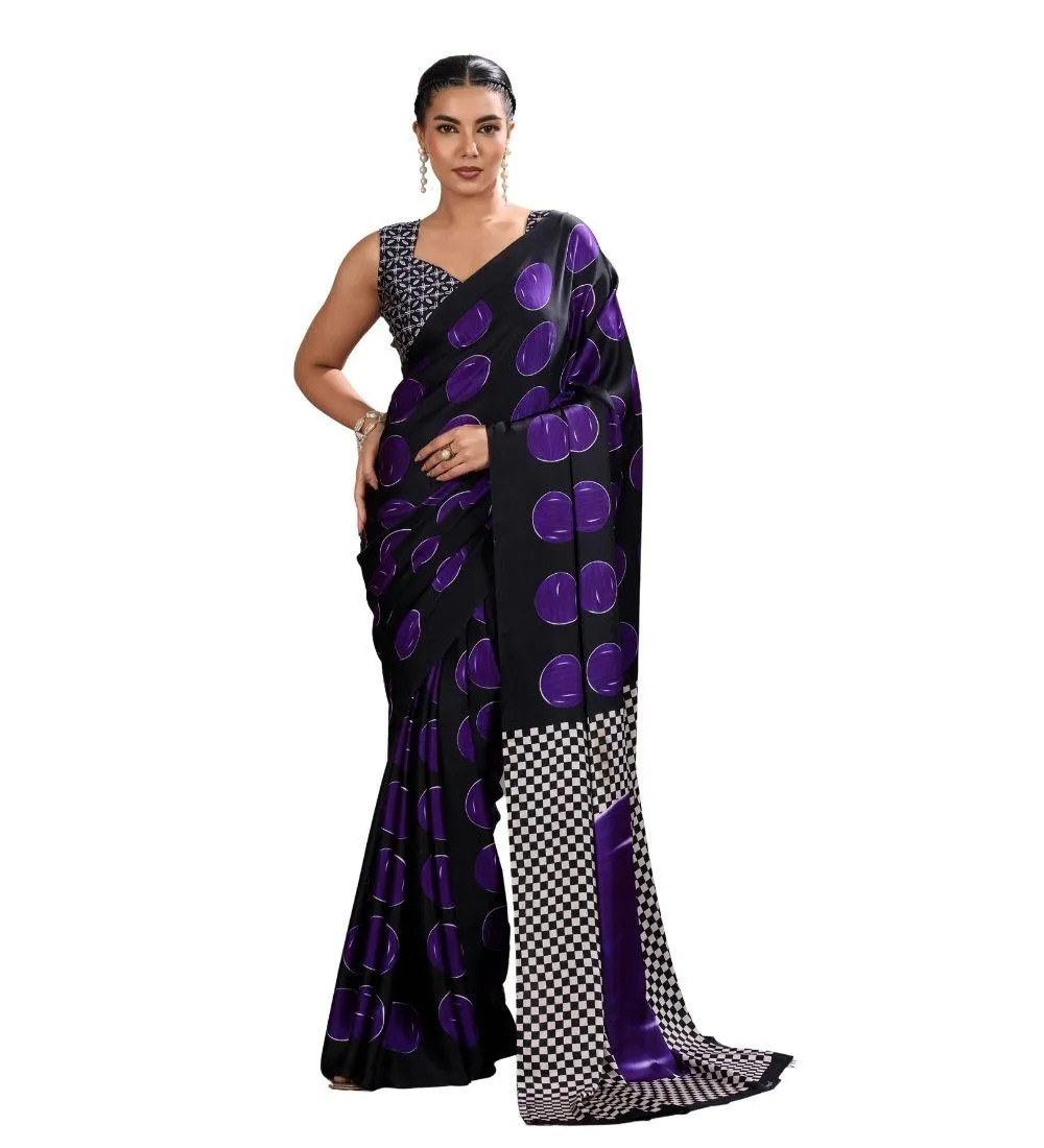 Generic Women's Satin Crepe Printed Saree With Unstitched Blouse 5.5Mtr (Purple)