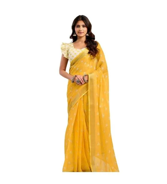 Generic Women's Linen Cotton Printed Ready To Wear Saree With Unstitched Blouse 5.5 Mtr (Yellow)