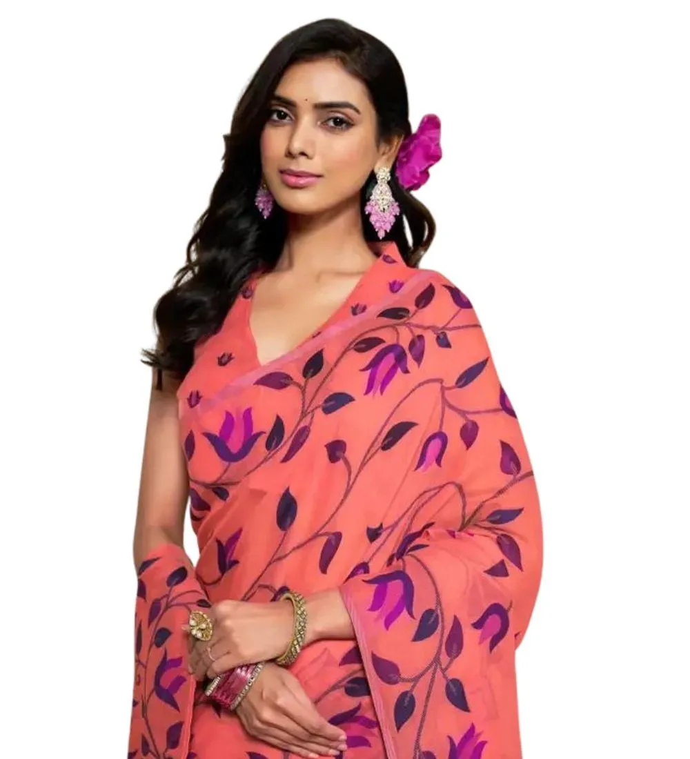 Generic Women's Georgette Printed Saree With Unstitched Blouse 5.5Mtr (Peach)