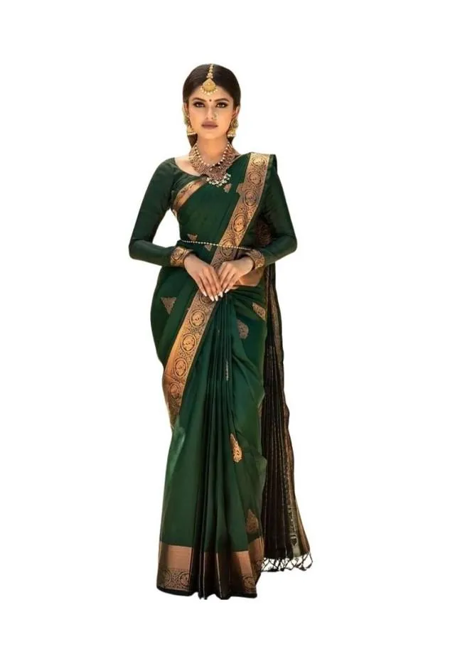 Generic Women's Soft Lichi Silk Printed Saree With Unstitched Blouse 5.5Mtr (Green)