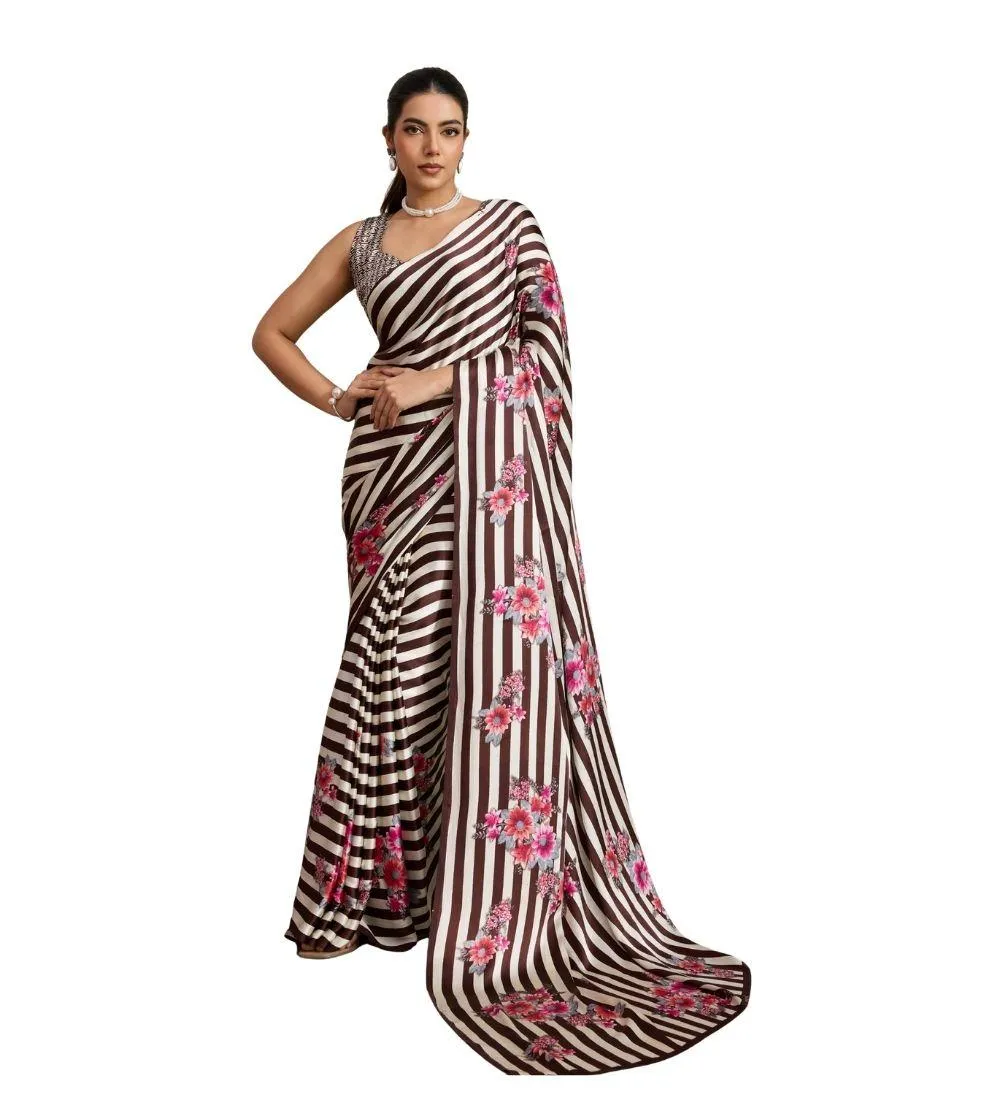 Generic Women's Satin Crepe Printed Saree With Unstitched Blouse 5.5Mtr (Brown)