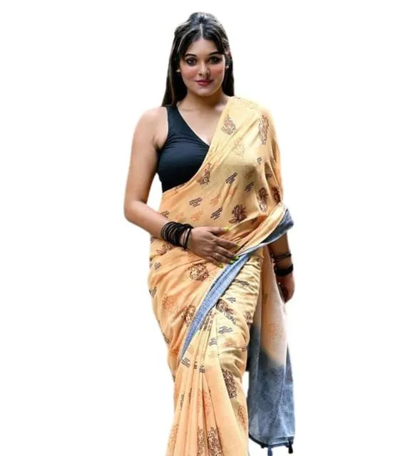 Generic Women's Linen Printed Saree With Unstitched Blouse 5.5Mtr (Peach)