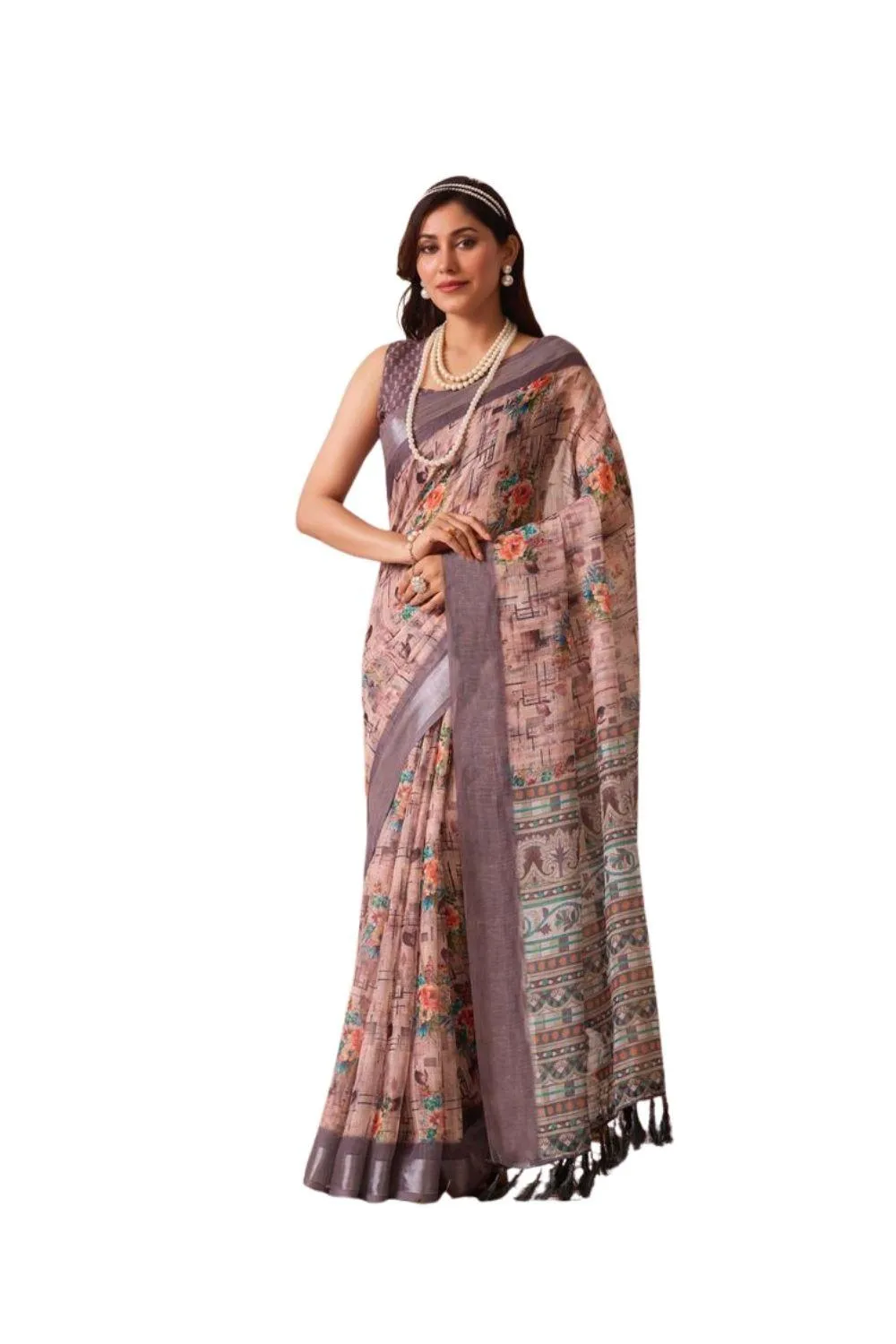 Generic Women's Faux_Linen Printed Saree With Unstitched Blouse 5.5Mtr (Mauve)