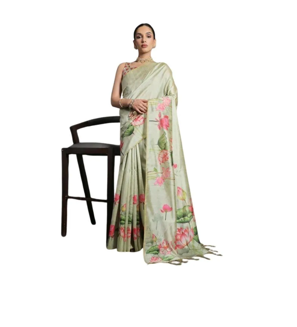 Generic Women's Cotton Printed Saree With Unstitched Blouse 5.5 Mtr (Green)