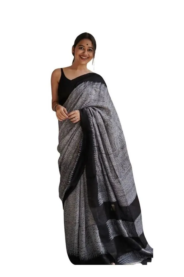 Generic Women's Soft Lilan Printed Saree With Unstitched Blouse 5.5Mtr (Black)