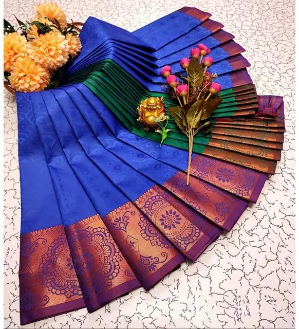 Generic Women's Soft Silk Printed Saree With Unstitched Blouse 5.5Mtr (Royal Blue)