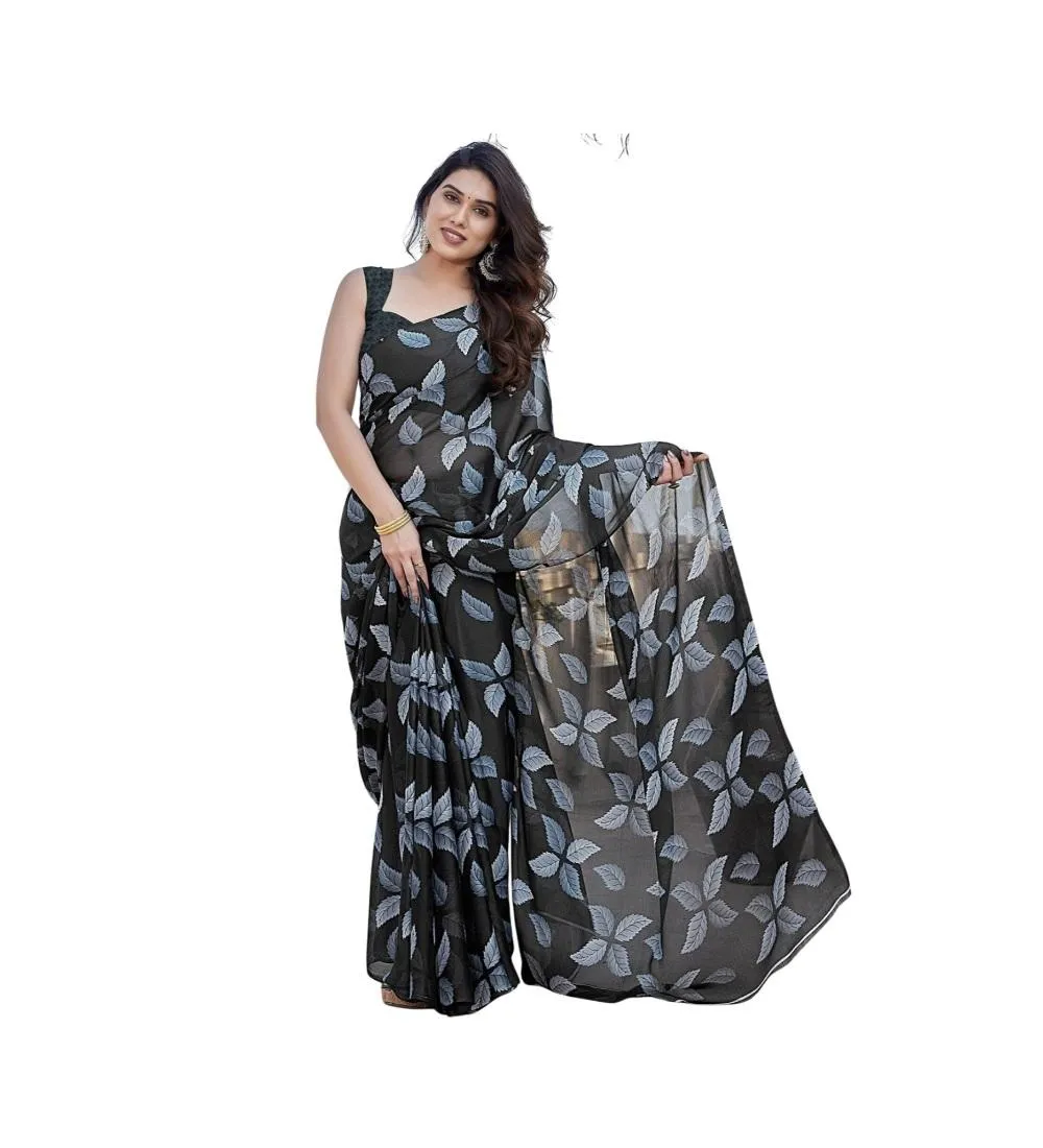 Generic Women's Chiffon Printed Saree With Unstitched Blouse 5.5Mtr (Black)