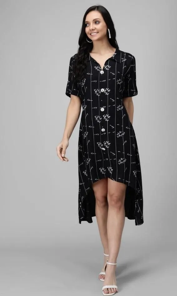 Generic Women's Rayon Printed Half Sleeve Short Tops(Black)