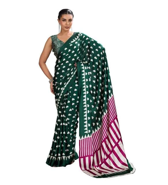 Generic Women's Satin Crepe Printed Saree With Unstitched Blouse 5.5Mtr (Bottle Green)