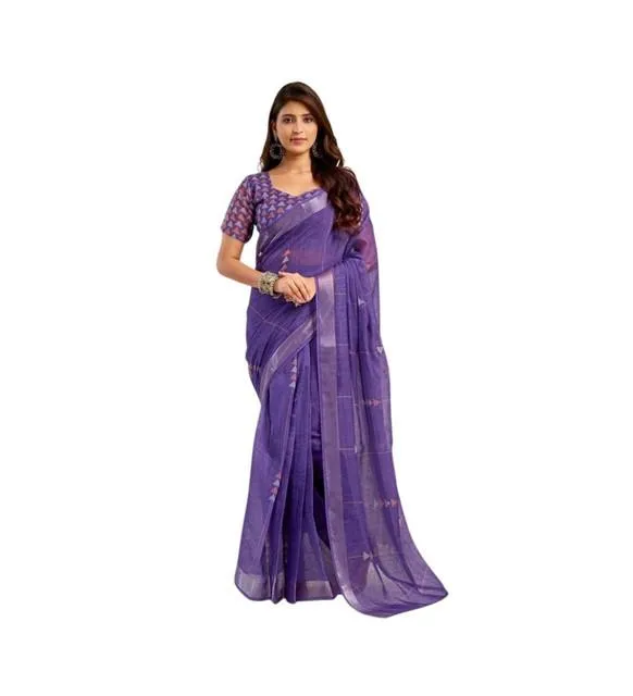 Generic Women's Linen Cotton Printed Ready To Wear Saree With Unstitched Blouse 5.5 Mtr (Purple)