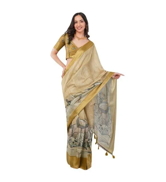 Generic Women's Polyester Printed Ready To Wear Saree With Unstitched Blouse 5.5 Mtr (Gold)