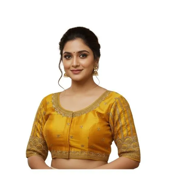 Generic Women's Phantom Silk Embroidered Designer Neck Padded Blouse (Mustard 38 Ready (Alterable up to 42)