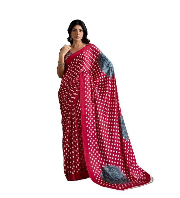 Generic Women's Satin Crepe Printed Saree With Unstitched Blouse 5.5Mtr (Red)
