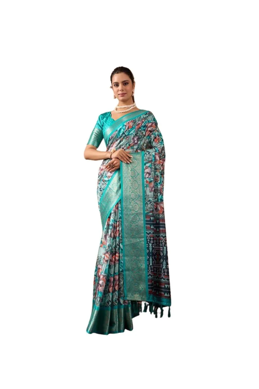 Generic Women's Faux_Silk Printed Saree With Unstitched Blouse 5.5Mtr (Turquoise)
