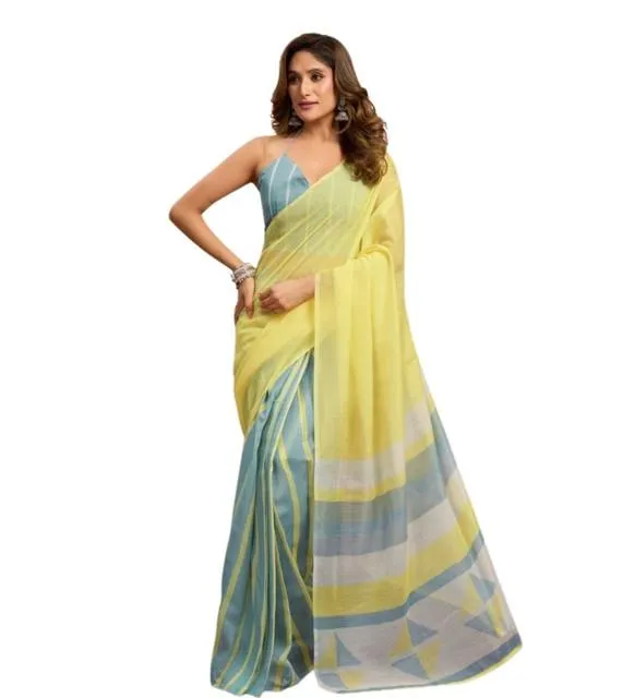 Generic Women's Linen Cotton Printed Ready To Wear With Pocket Saree With Unstitched Blouse 5.5 Mtr (Light_Yellow)