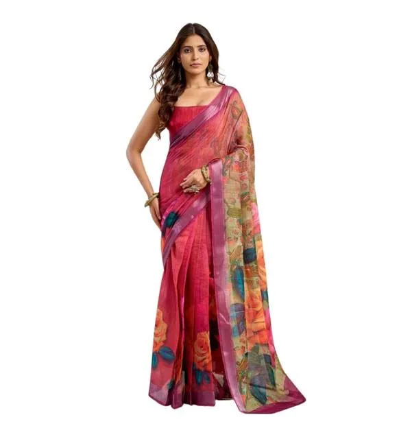 Generic Women's Linen Cotton Printed Ready To Wear Saree With Unstitched Blouse 5.5 Mtr (Pink)