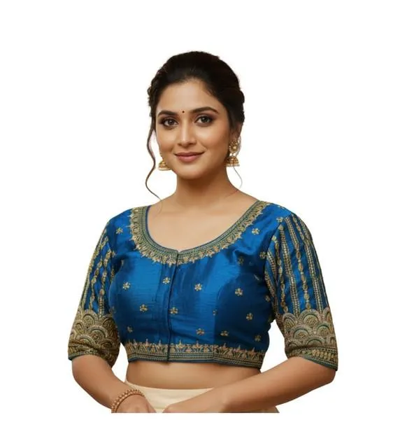 Generic Women's Phantom Silk Embroidered Designer Neck Padded Blouse (Blue 38 Ready (Alterable up to 42)