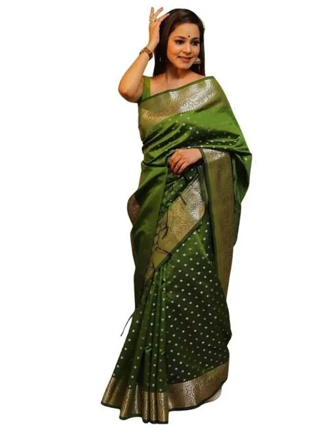 Generic Women's Soft Lichi Silk Printed Saree With Unstitched Blouse 5.5Mtr (Green)