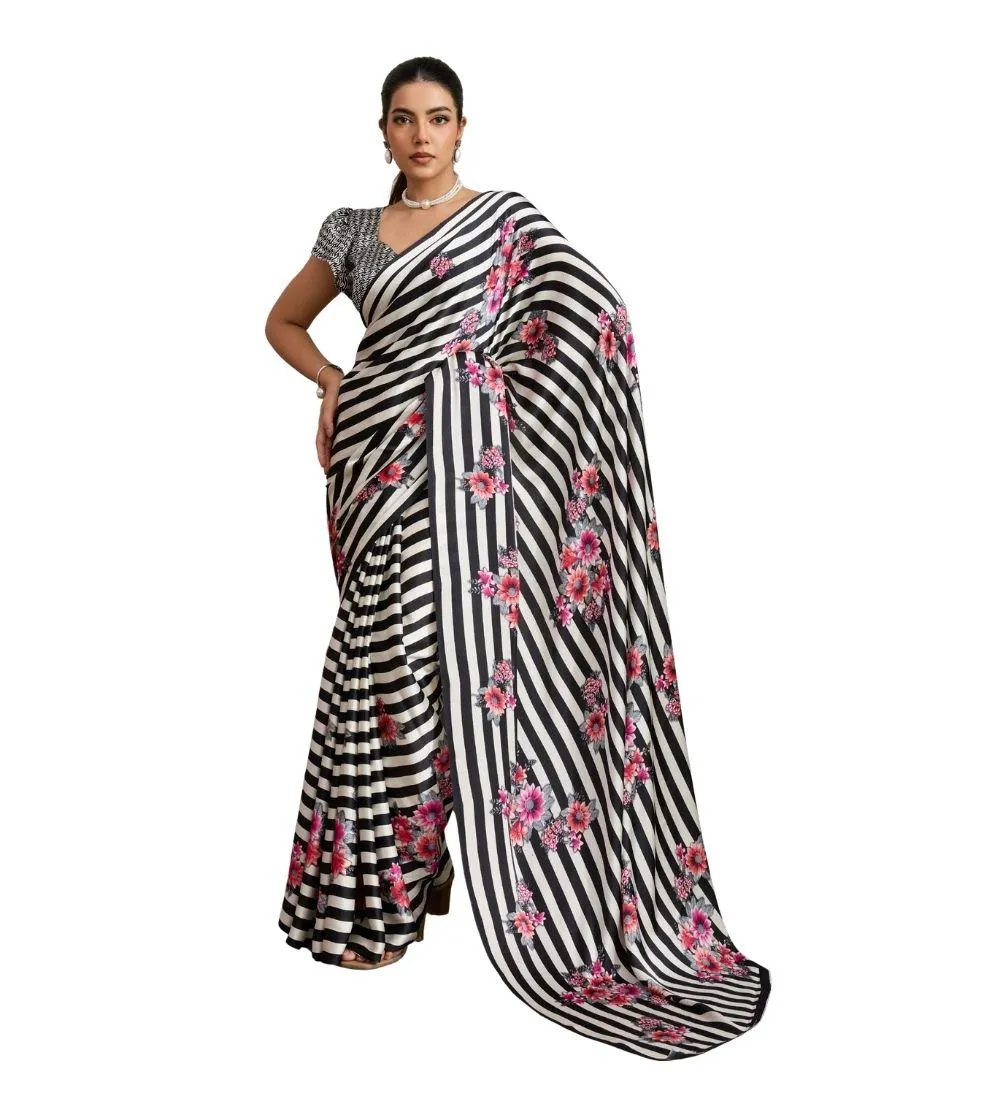 Generic Women's Satin Crepe Printed Saree With Unstitched Blouse 5.5Mtr (Black)