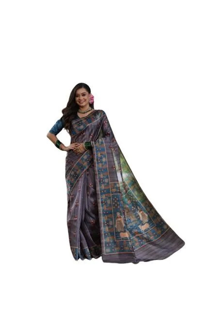 Generic Women's Faux_Tussar_Silk Printed Saree With Unstitched Blouse 5.5Mtr (Grey)