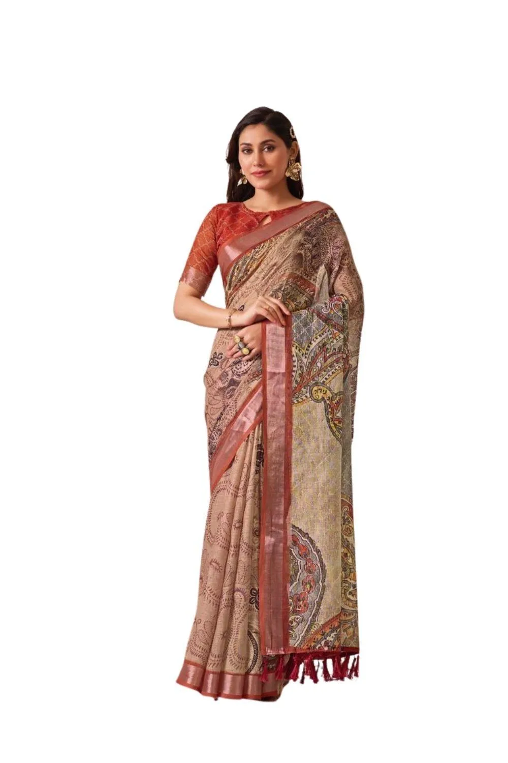 Generic Women's Faux_Linen Printed Saree With Unstitched Blouse 5.5Mtr (Light_Beige)