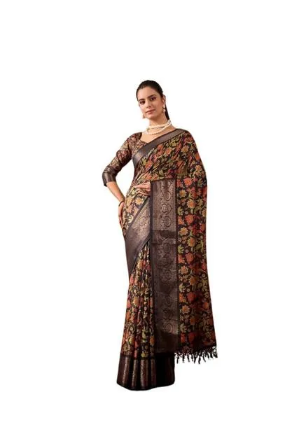 Generic Women's Faux_Banarasi Printed Saree With Unstitched Blouse 5.5Mtr (Black)