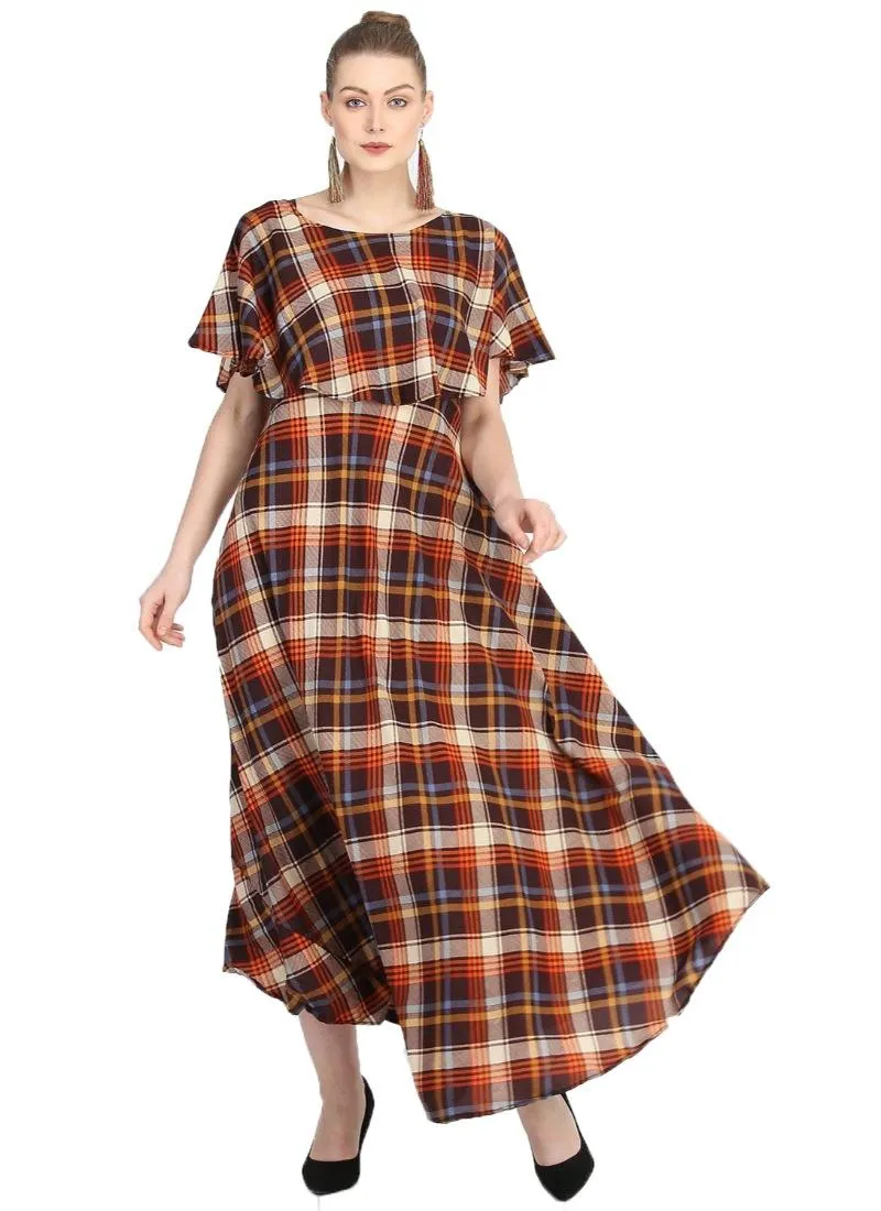 Generic Women's Crepe Checked Half Sleeves Full Length Gown(Multi)