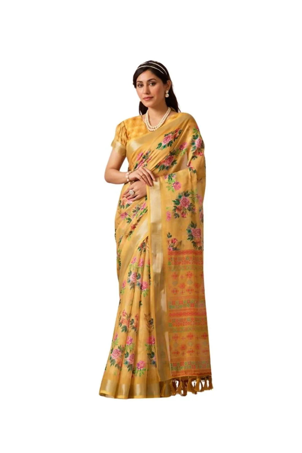 Generic Women's Faux_Linen Printed Saree With Unstitched Blouse 5.5Mtr (Gold)