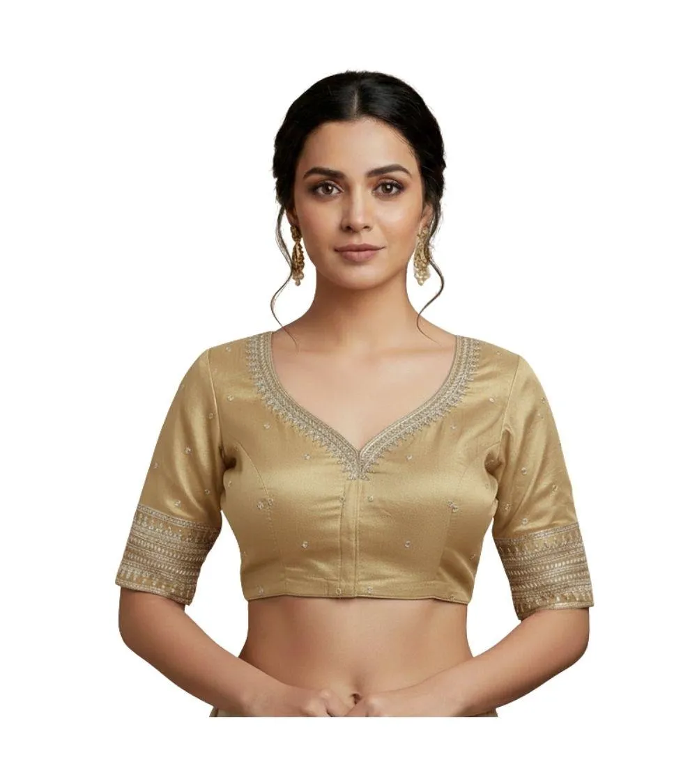 Generic Women's Vichitra Silk V Neck Padded Blouse (Beige, 38 Ready Size (Self-Alterable 36–40)