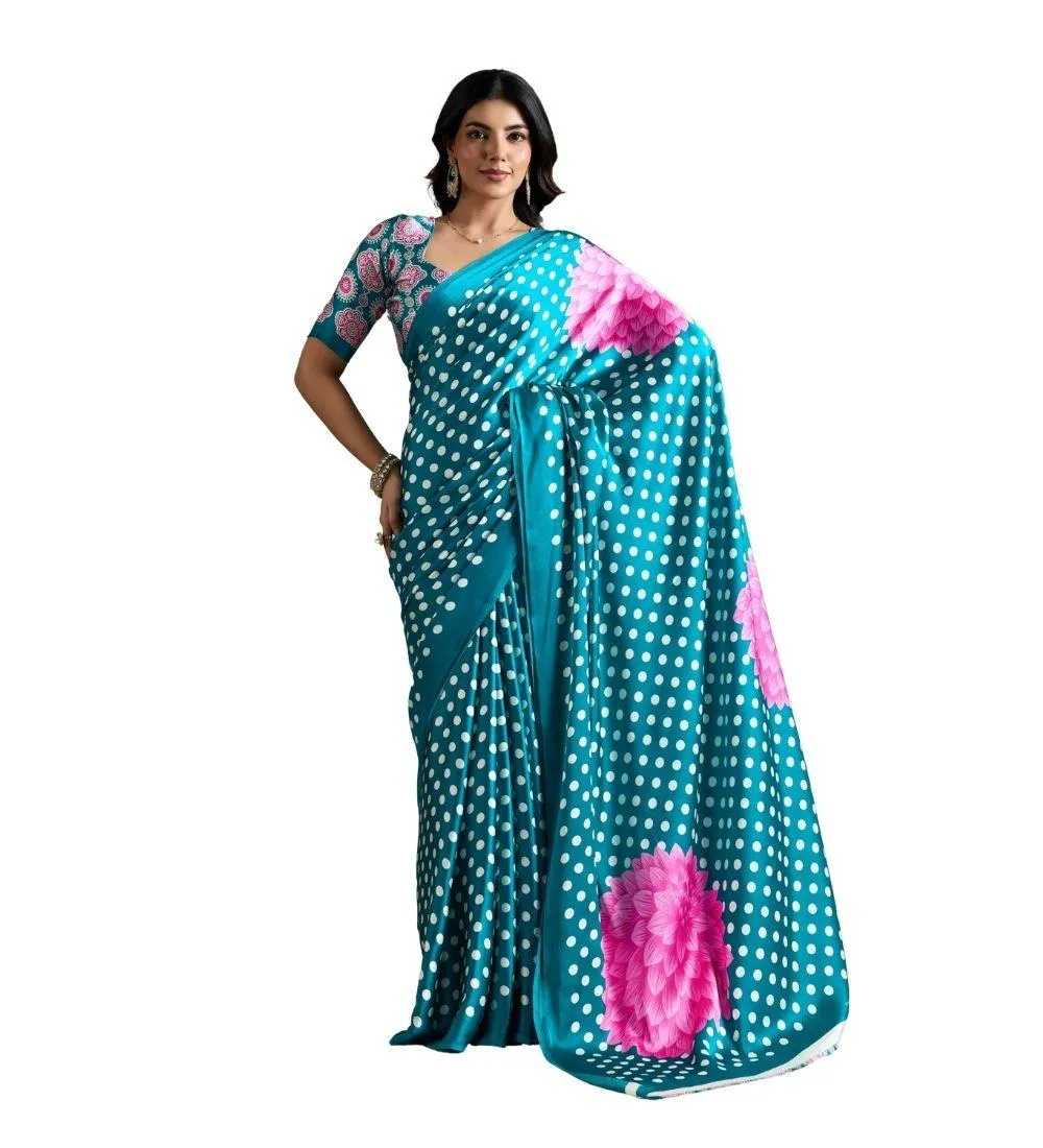 Generic Women's Satin Crepe Printed Saree With Unstitched Blouse 5.5Mtr (Sky Blue)