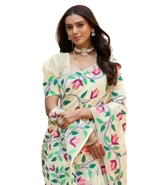 Generic Women's Georgette Printed Saree With Unstitched Blouse 5.5Mtr (Cream)