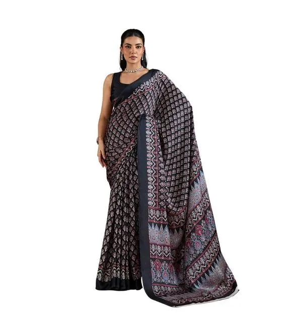 Generic Women's Satin Crepe Printed Saree With Unstitched Blouse 5.5Mtr (Black)