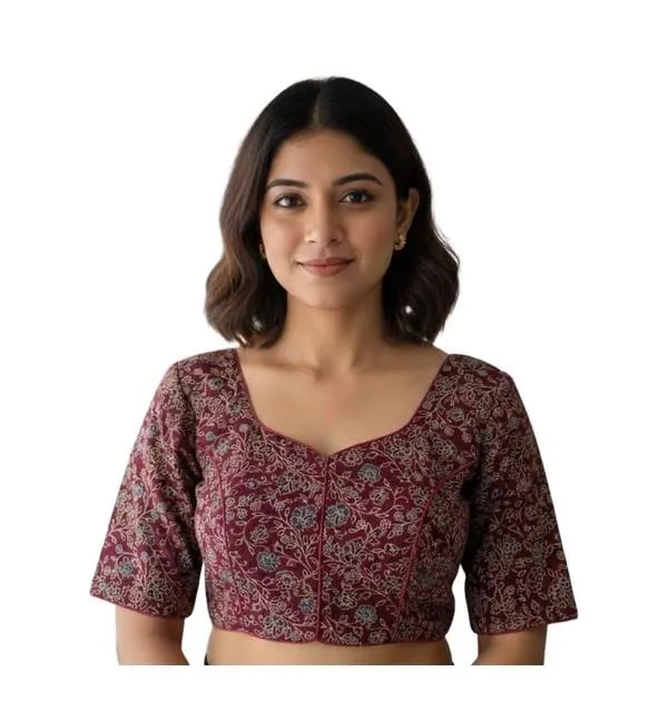 Generic Women's Ajrakh Cotton Round Neck Padded Blouse (Purple, 38 Ready Size (Self-Alterable 36–40)