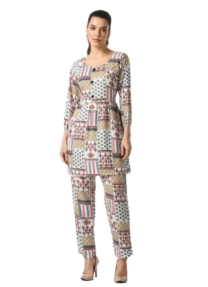 Generic Women's Casual Crepe 3-4th Sleeves Cord Set (White)
