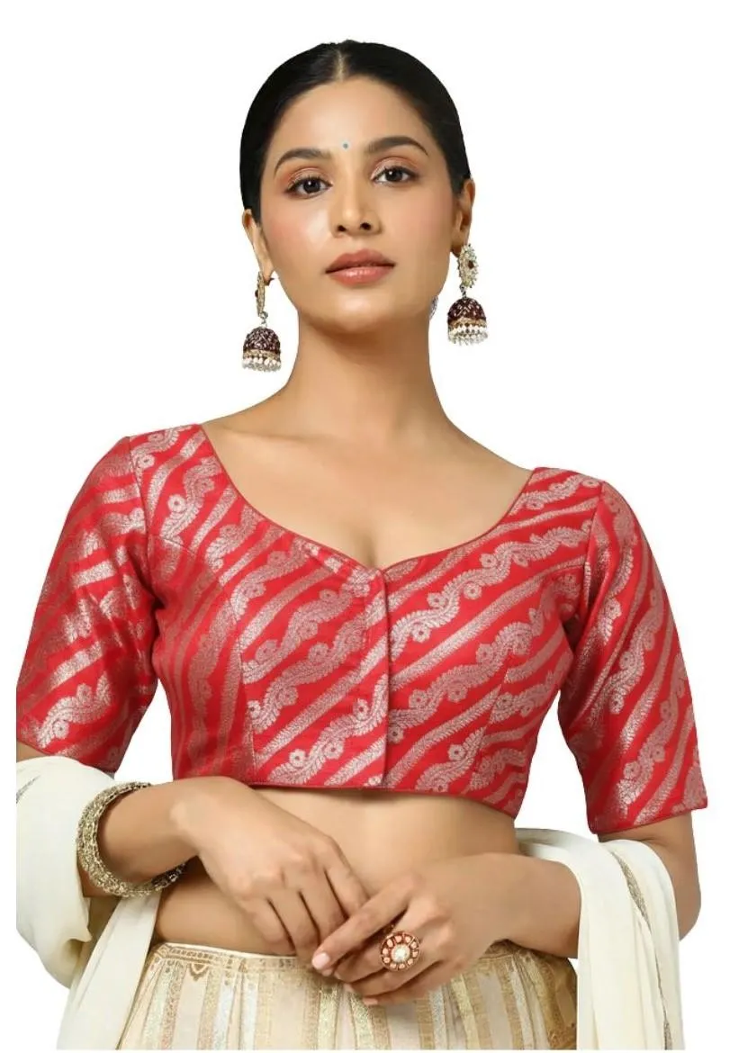 Generic Women's Jacquard Zari Round Neck Padded Blouse (Red 38 Ready (Self Alterable 36–40)