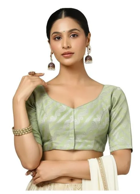 Generic Women's Jacquard Zari Round Neck Padded Blouse (Light Green 38 Ready (Self Alterable 36–40)