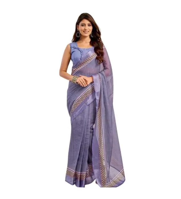 Generic Women's Linen Cotton Printed Ready To Wear Saree With Unstitched Blouse 5.5 Mtr (Light_Lavender)