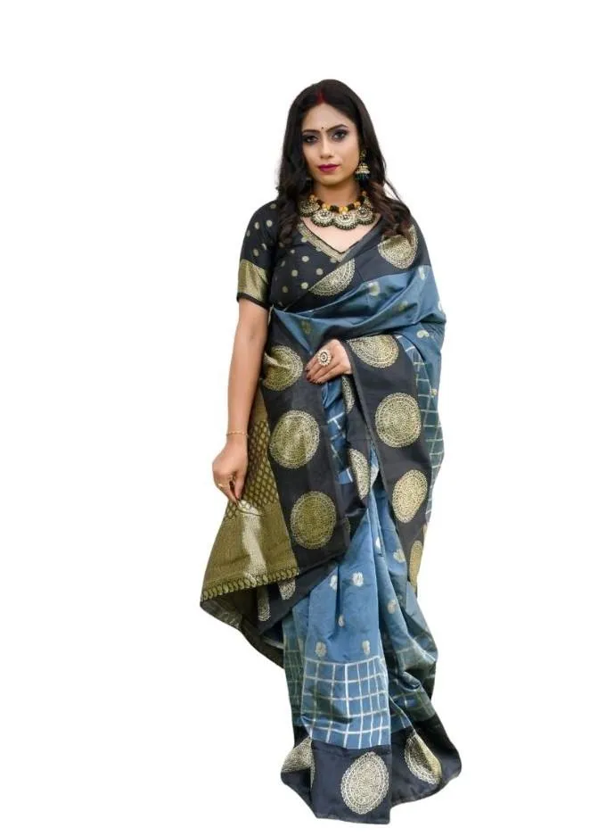 Generic Women's Soft Lichi Silk Printed Saree With Unstitched Blouse 5.5Mtr (Grey)