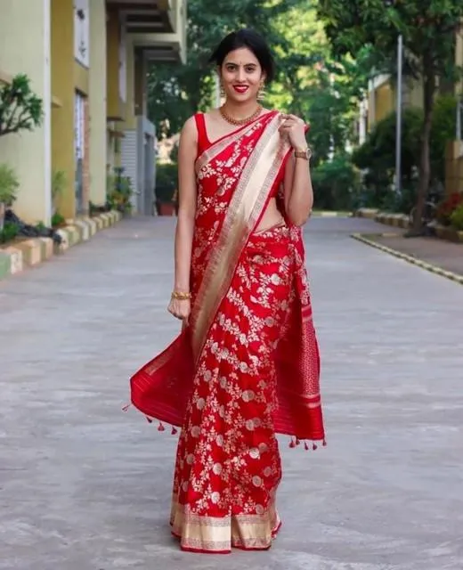 Generic Women's Soft Lichi Silk Printed Saree With Unstitched Blouse 5.5Mtr (Red)
