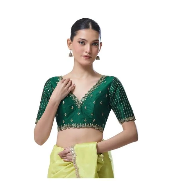 Generic Women's Banarasi Silk Sequence V Neck Non Padded Blouse (Green 38 Ready (Alterable up to 42)