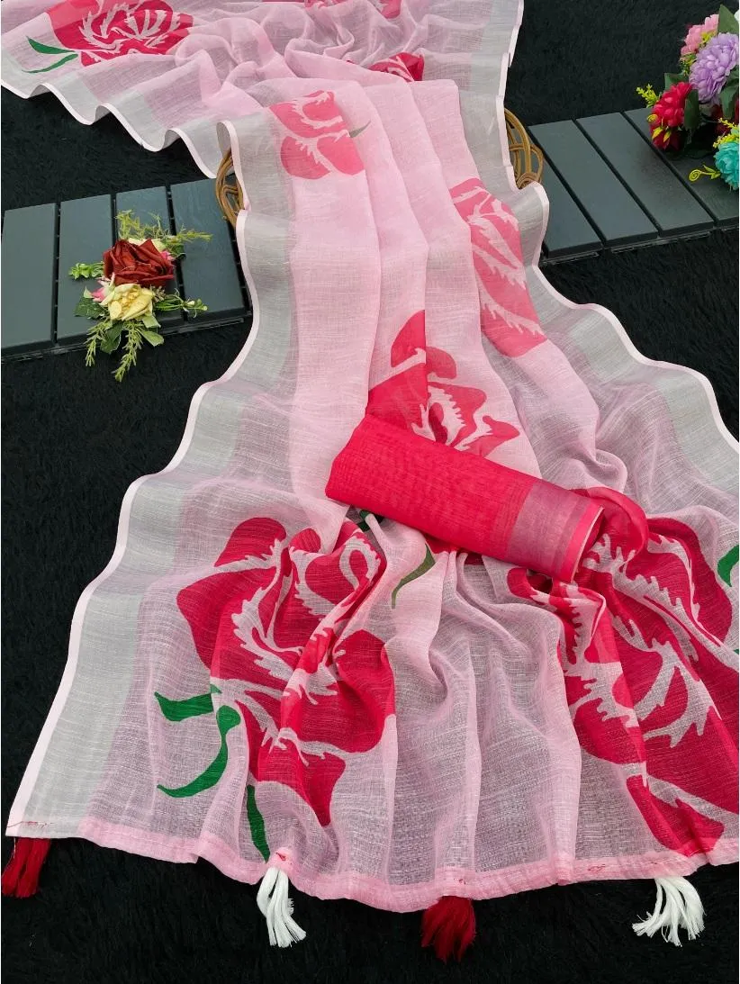Generic Women's Linen Cotton  Printed Saree With Unstitched Blouse 5.5Mtr (Pink)