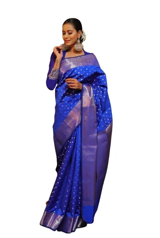 Generic Women's Soft Lichi Silk Printed Saree With Unstitched Blouse 5.5Mtr (Blue)