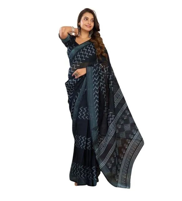 Generic Women's Linen Cotton Printed Ready To Wear Saree With Unstitched Blouse 5.5 Mtr (Black)