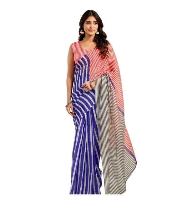 Generic Women's Linen Cotton Printed Ready To Wear Saree With Unstitched Blouse 5.5 Mtr (Blue)