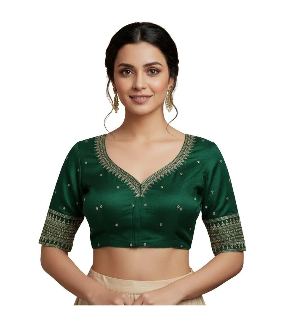 Generic Women's Vichitra Silk V Neck Padded Blouse (D-Green, 38 Ready Size (Self-Alterable 36–40)