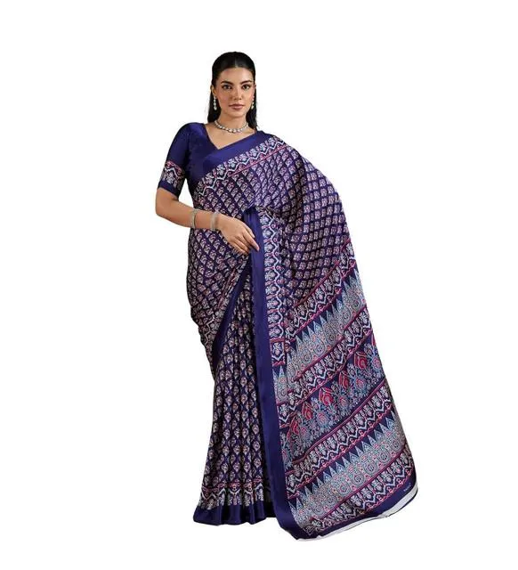 Generic Women's Satin Crepe Printed Saree With Unstitched Blouse 5.5Mtr (Navy Blue)