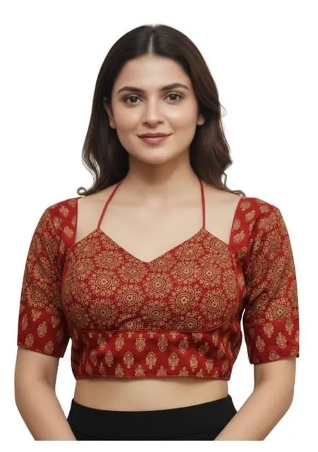 Generic Women's Ajrakh Cotton Printed Sweetheart Padded Blouse (Red 38 Ready (Self Alterable 36–40)