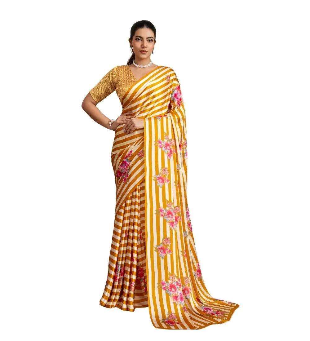 Generic Women's Satin Crepe Printed Saree With Unstitched Blouse 5.5Mtr (Mustard)
